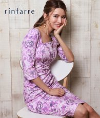 画像1: [SALE品のため返品不可＆再入荷なしの現品限り][韓国製][rinfarre]パープル×花柄・ジャガード・七分袖・スクエアネック・ハイウエスト・シンプル・タイト・ミディアムドレス・ワンピース[れお着用] (1)