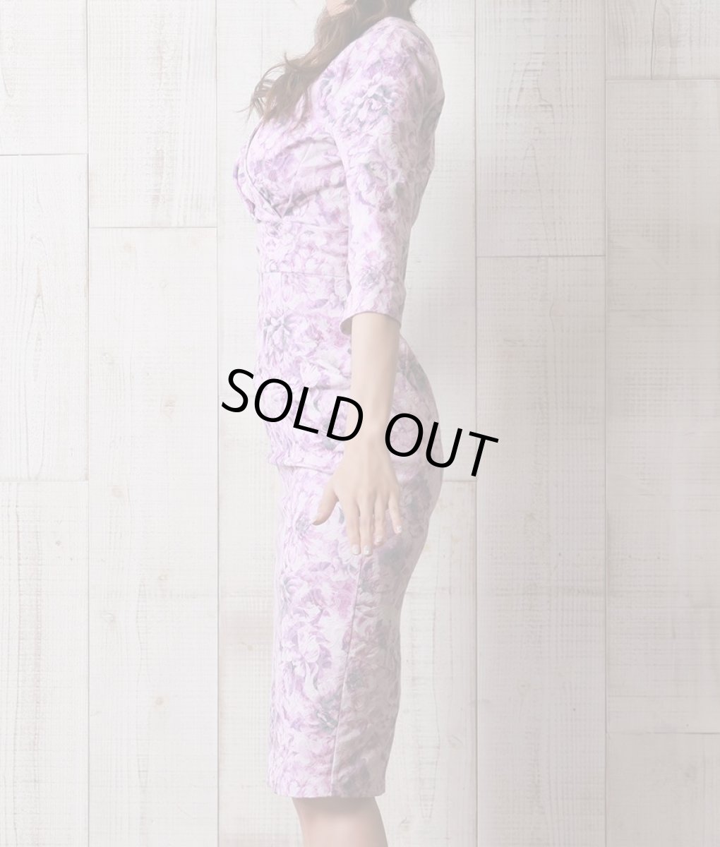 画像7: [SALE品のため返品不可＆再入荷なしの現品限り][韓国製][rinfarre]パープル×花柄・ジャガード・七分袖・スクエアネック・ハイウエスト・シンプル・タイト・ミディアムドレス・ワンピース[れお着用] (7)