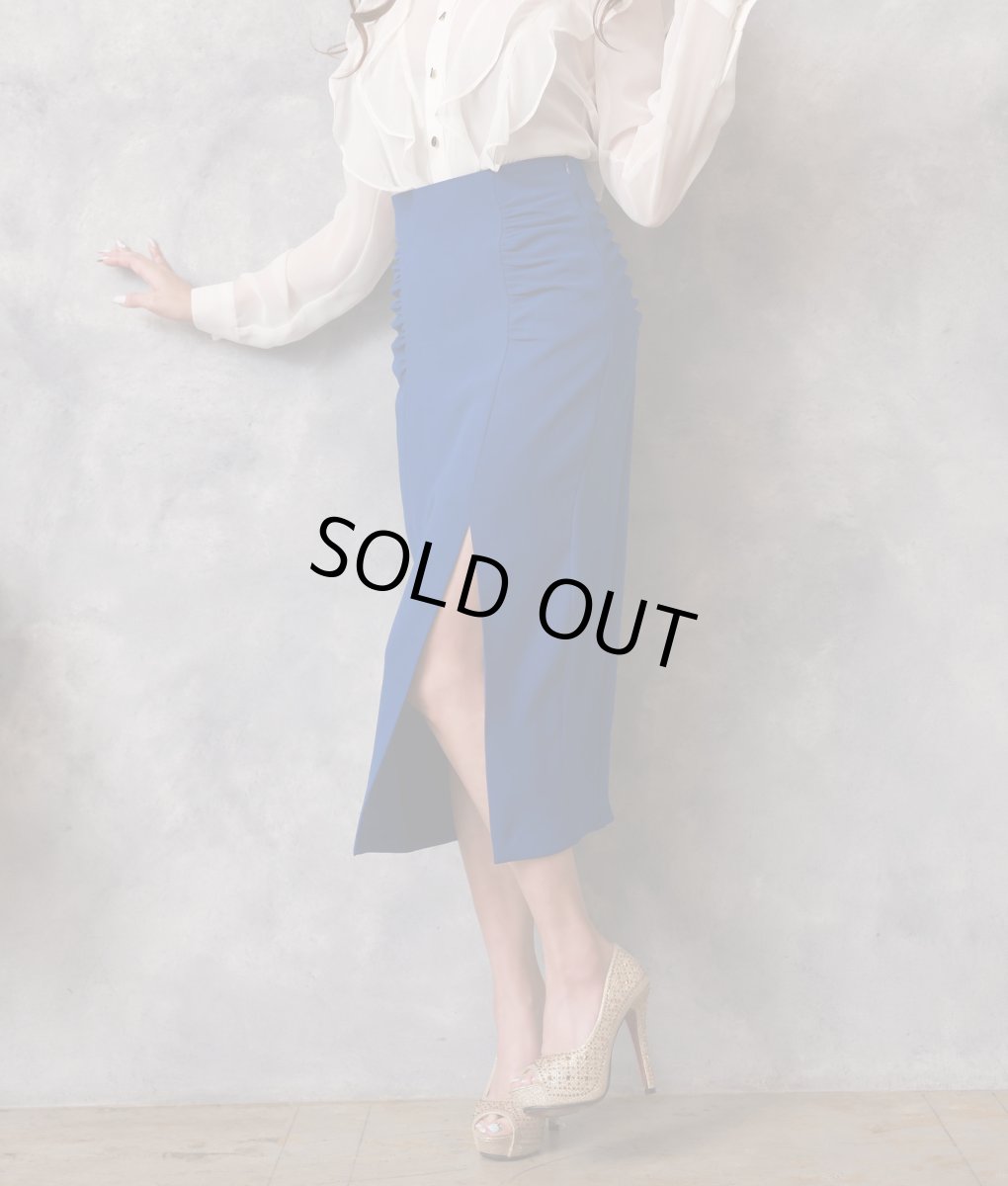 画像2: [韓国製][rinfarre]ブルー・タイト・ミディアムスカート・膝下丈・無地 ・スリットカット・青[送料無料] (2)