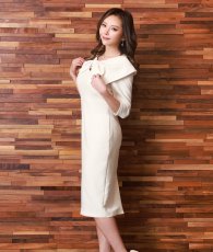 画像3: [SALE品のため返品不可＆再入荷なしの現品限り][韓国製][rinfarre]ライトツイード・リボンネック・無地・タイト・シンプル・七分袖・ミディアムドレス・ワンピース[山崎みどり着用] myall (3)