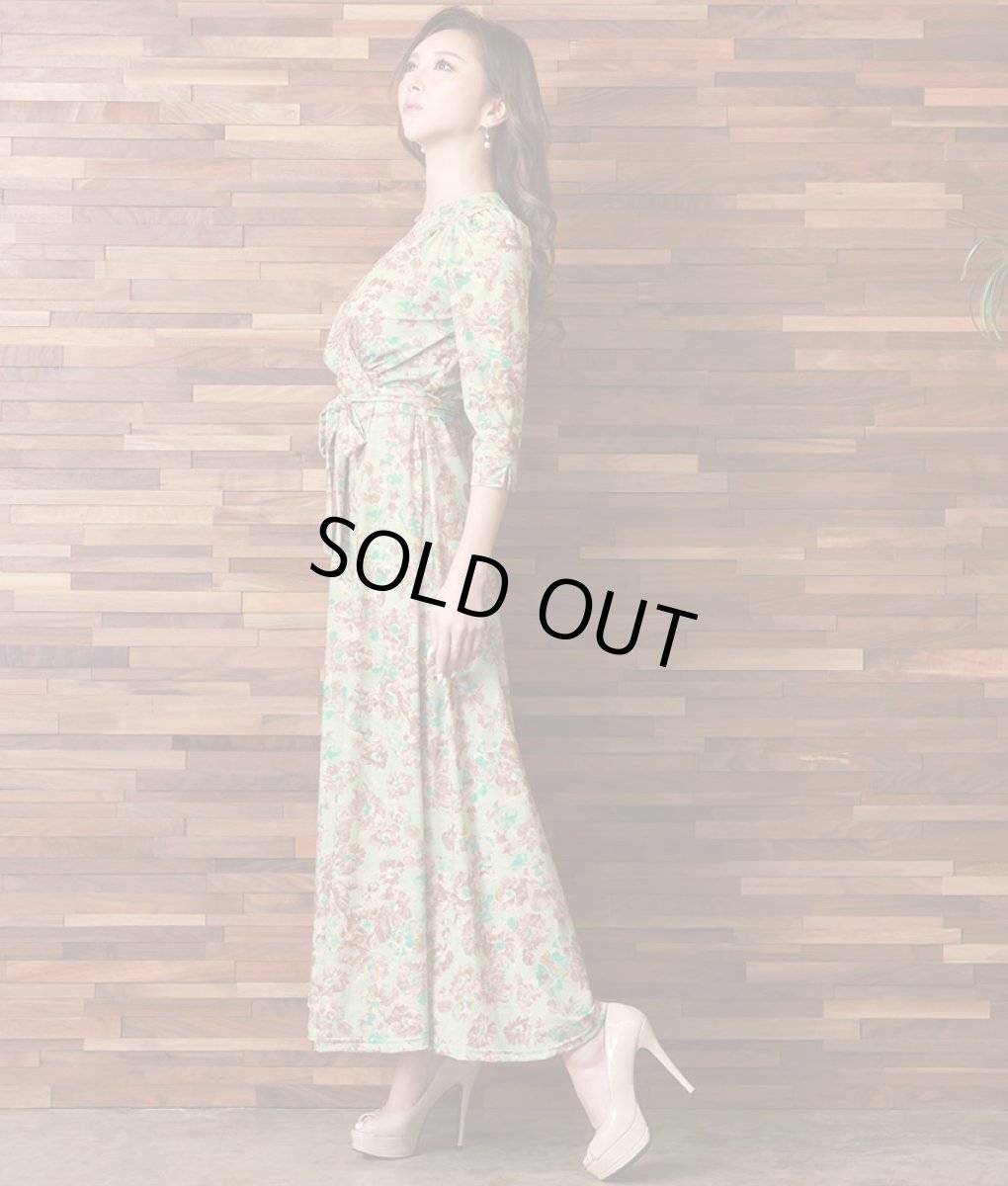 画像2: [韓国製][rinfarre]グリーン・ブラウン・花柄・ボタニカル・Vネック・カシュクール・七分袖・マキシ・ロングドレス・ラップ・ワンピース[山崎みどり着用][送料無料]mygr (2)