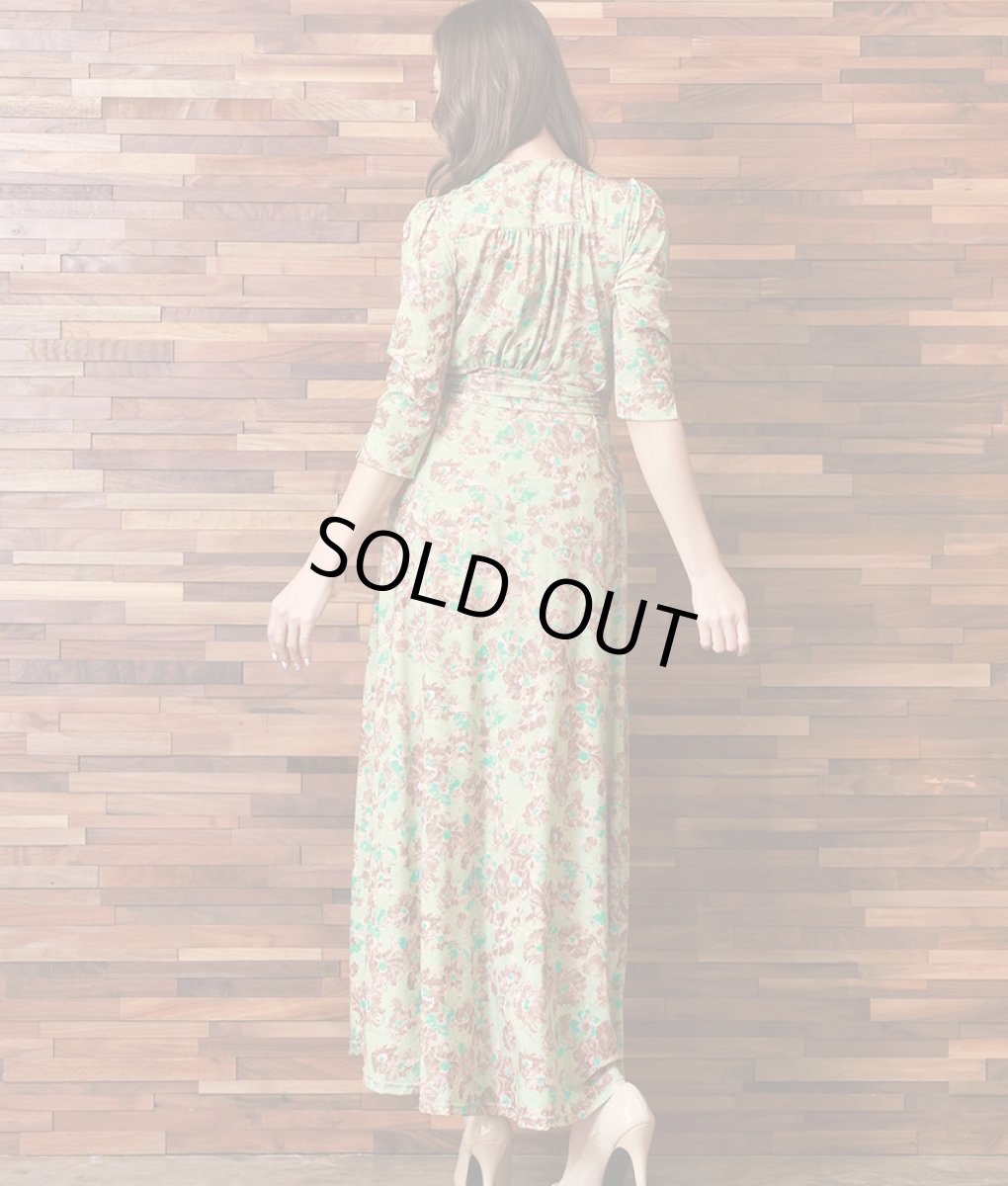 画像3: [韓国製][rinfarre]グリーン・ブラウン・花柄・ボタニカル・Vネック・カシュクール・七分袖・マキシ・ロングドレス・ラップ・ワンピース[山崎みどり着用][送料無料]mygr (3)