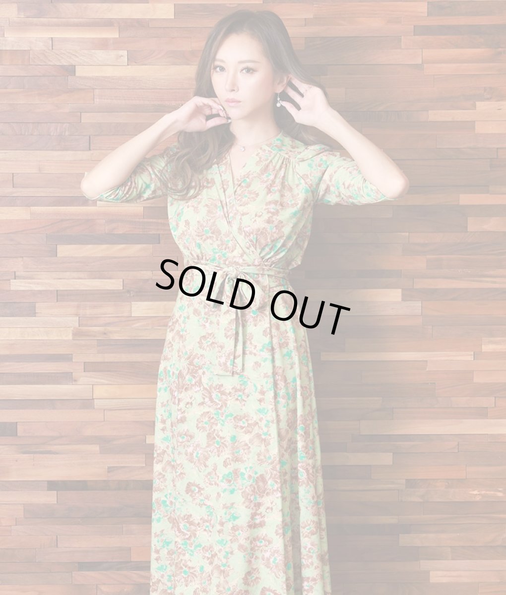 画像4: [韓国製][rinfarre]グリーン・ブラウン・花柄・ボタニカル・Vネック・カシュクール・七分袖・マキシ・ロングドレス・ラップ・ワンピース[山崎みどり着用][送料無料]mygr (4)