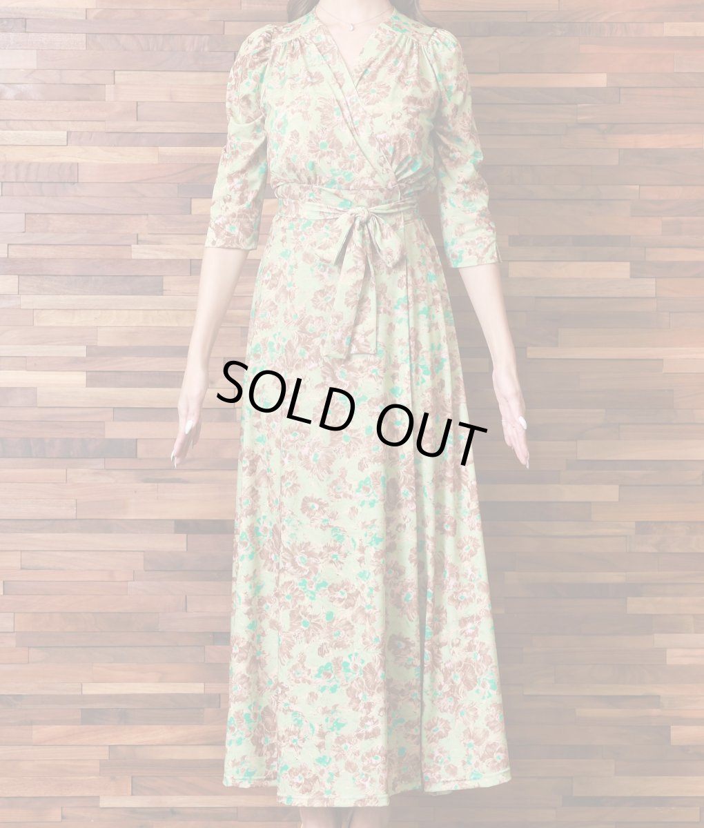 画像6: [韓国製][rinfarre]グリーン・ブラウン・花柄・ボタニカル・Vネック・カシュクール・七分袖・マキシ・ロングドレス・ラップ・ワンピース[山崎みどり着用][送料無料]mygr (6)