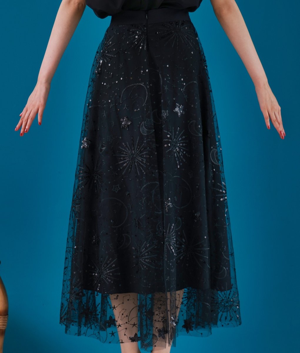 画像9: [韓国製][rinfarre]レイヤード・スパンコール・Aライン・フレア・ミディアムスカート・膝下丈・ブラック・ベージュ・ブルー[送料無料] (9)