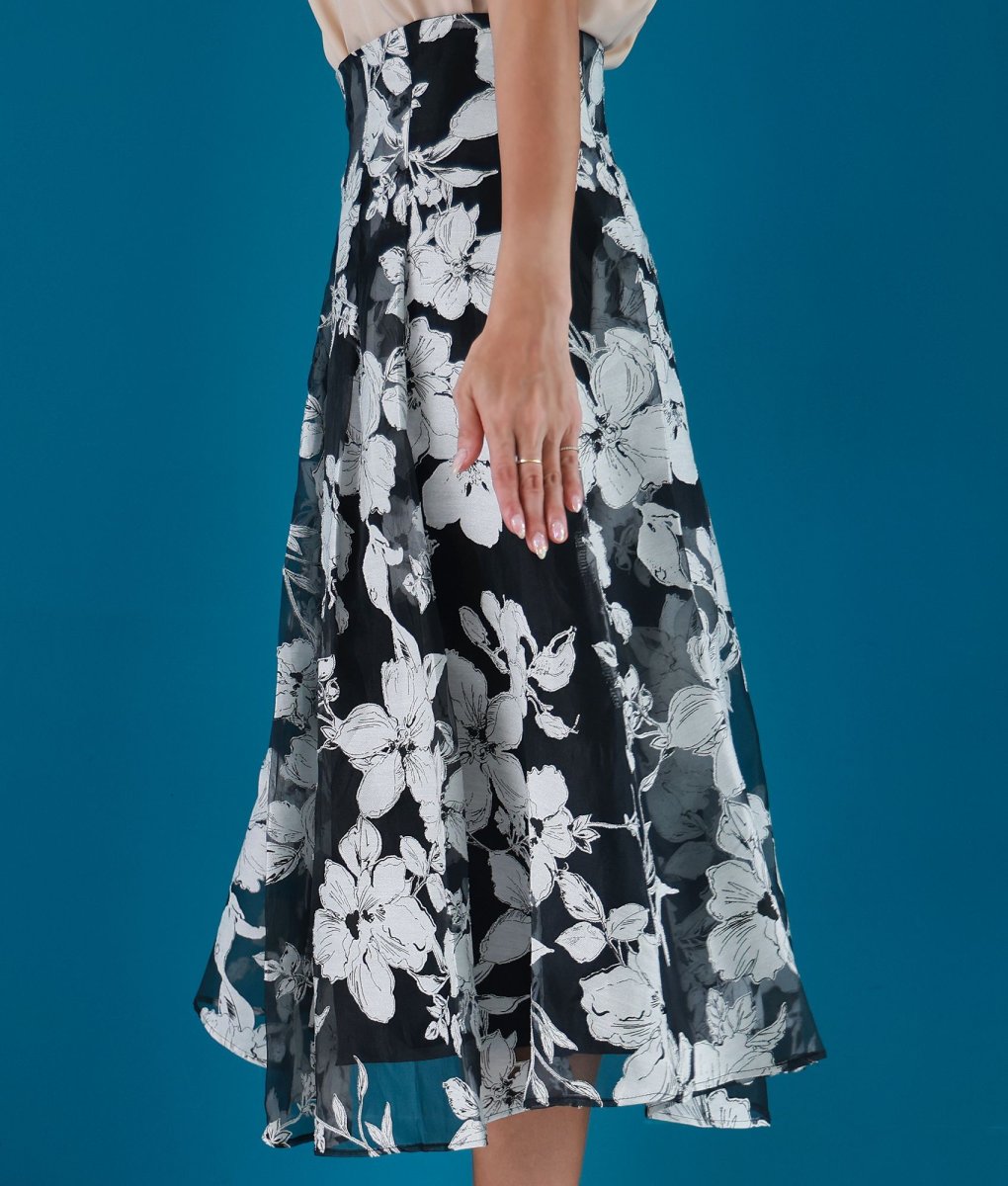 画像3: [SALE品のため返品不可＆再入荷なしの現品限り][韓国製][rinfarre]レイヤード・プリーツ・花柄・Aライン・フレア・ミディアムスカート・膝下丈・ブラック (3)
