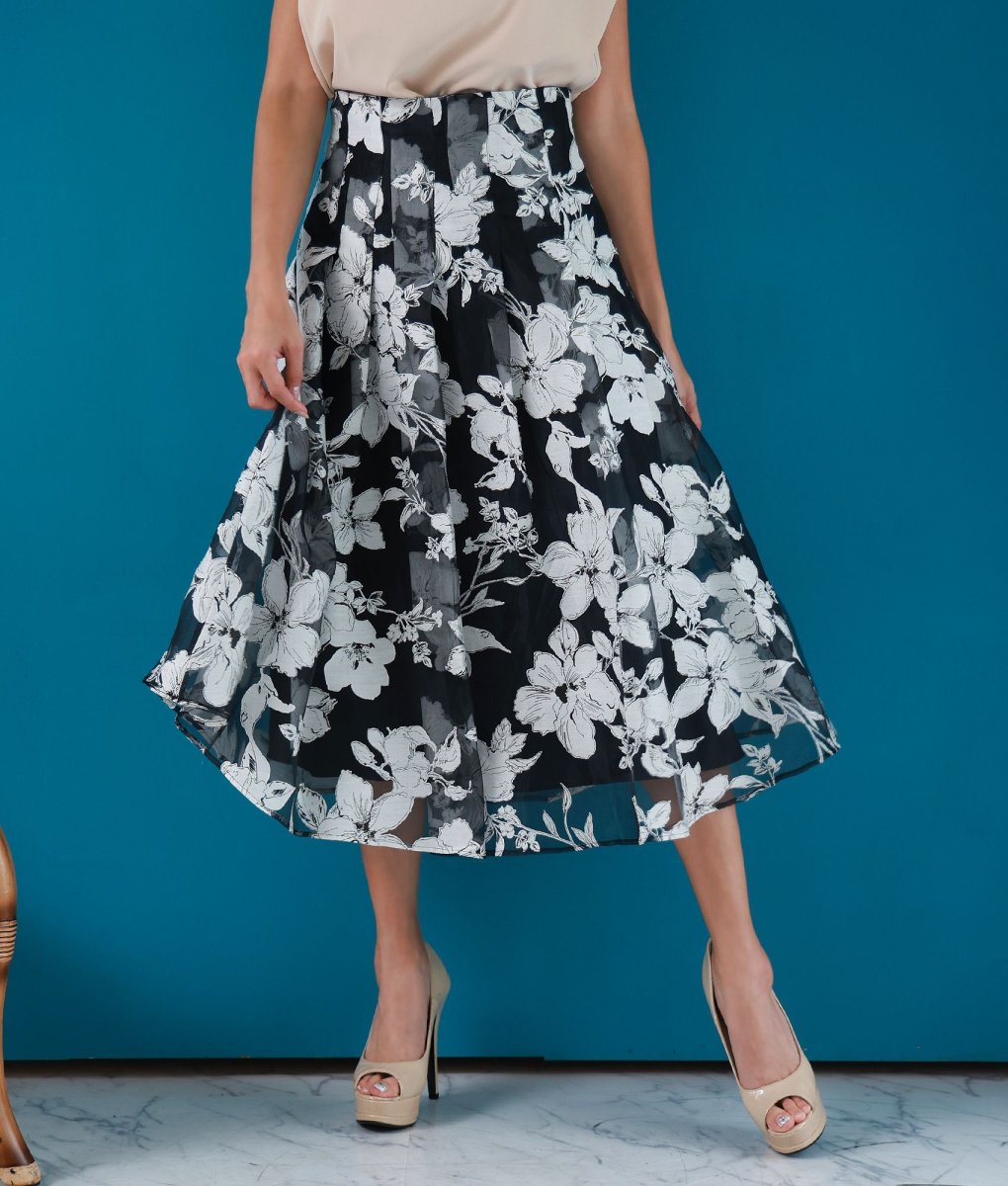 画像5: [SALE品のため返品不可＆再入荷なしの現品限り][韓国製][rinfarre]レイヤード・プリーツ・花柄・Aライン・フレア・ミディアムスカート・膝下丈・ブラック (5)