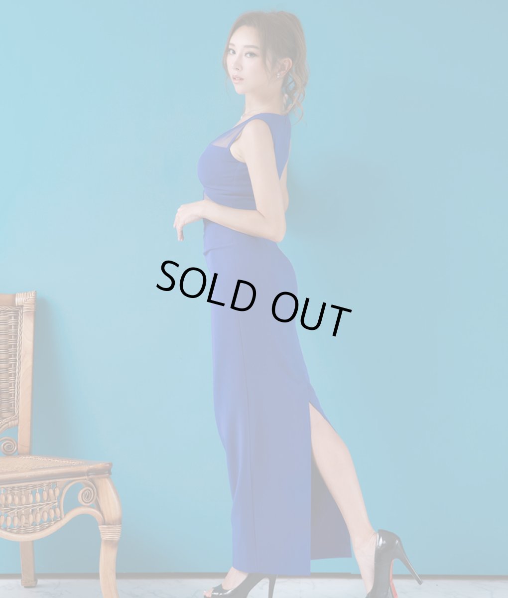 画像2: [韓国製][rinfarre][SALE品のため返品不可＆再入荷なしの現品限り]ブルー・シースルーストラップ・サイドスリット・ノースリーブ・タイト・ロングドレス・ワンピース[山崎みどり着用] (2)