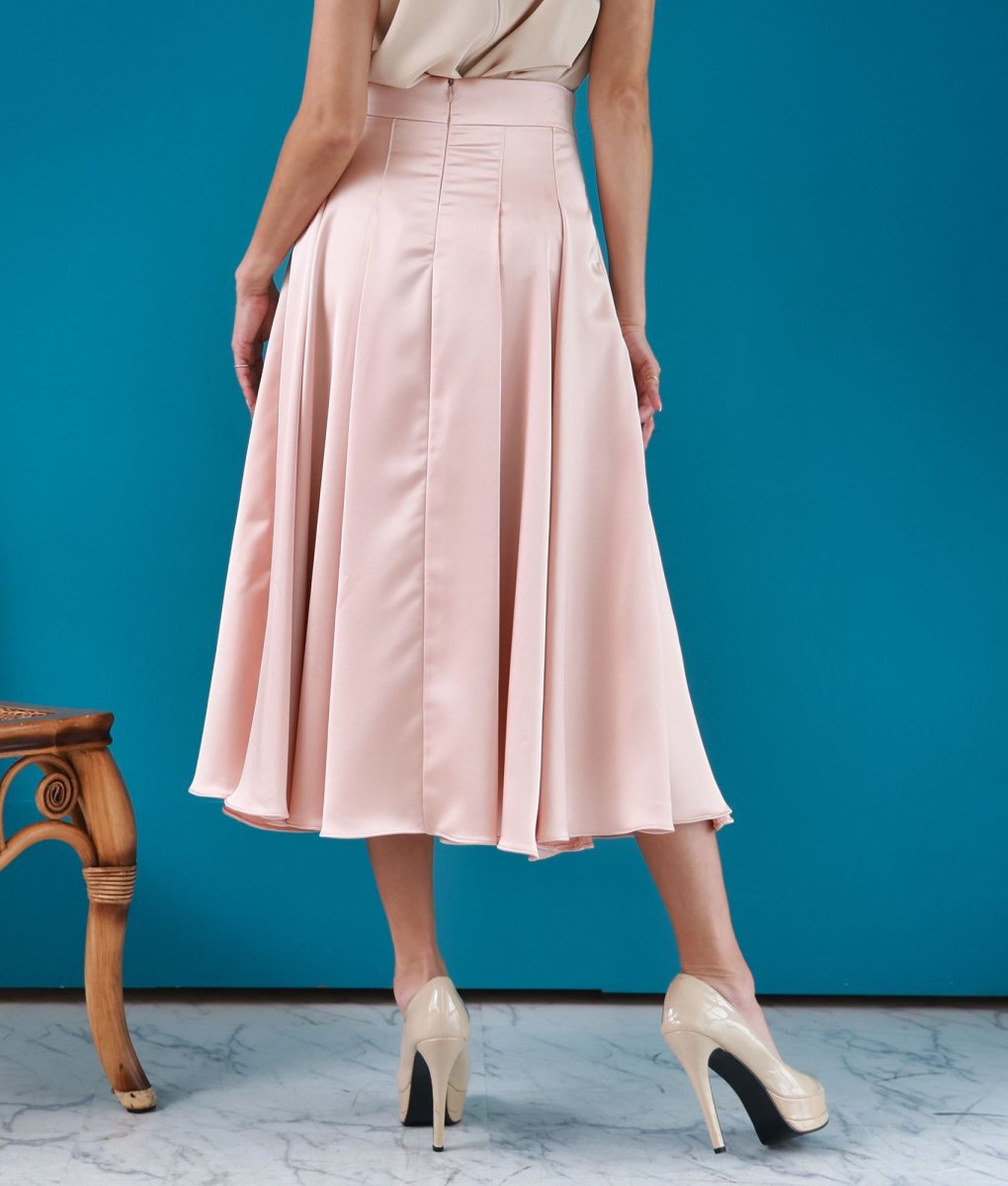 画像3: [セール品のため返品不可＆再入荷なしの現品限り][韓国製][rinfarre]シンプル・無地・サテン・Aライン・プリーツ・ミディアムスカート・膝下丈・ピンク[] (3)