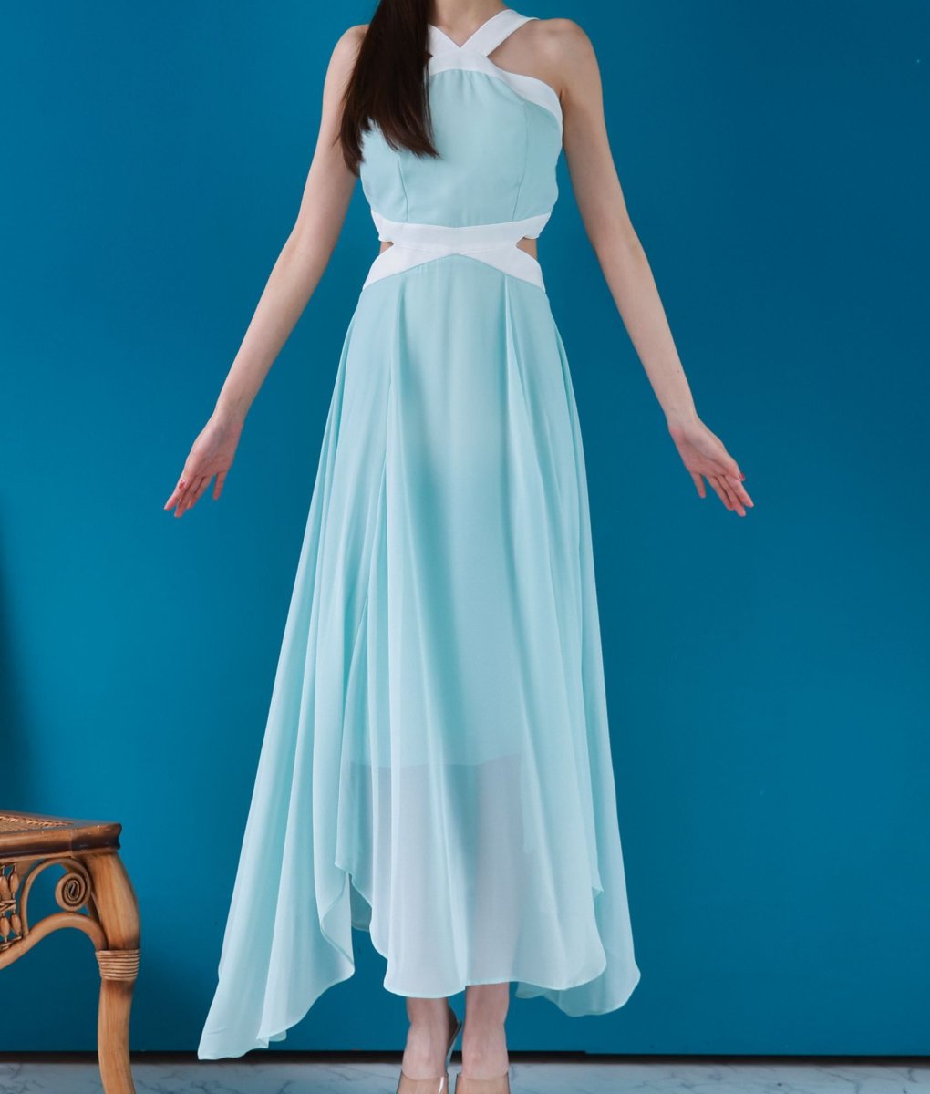 画像7: [韓国製][rinfarre]バイカラー・ホルターネック・シフォン・サイドスリット・ヘムデザイン・ノースリーブ・ロングドレス・ワンピース[MIRIN着用]《送料＆代引き手数料無料》 (7)