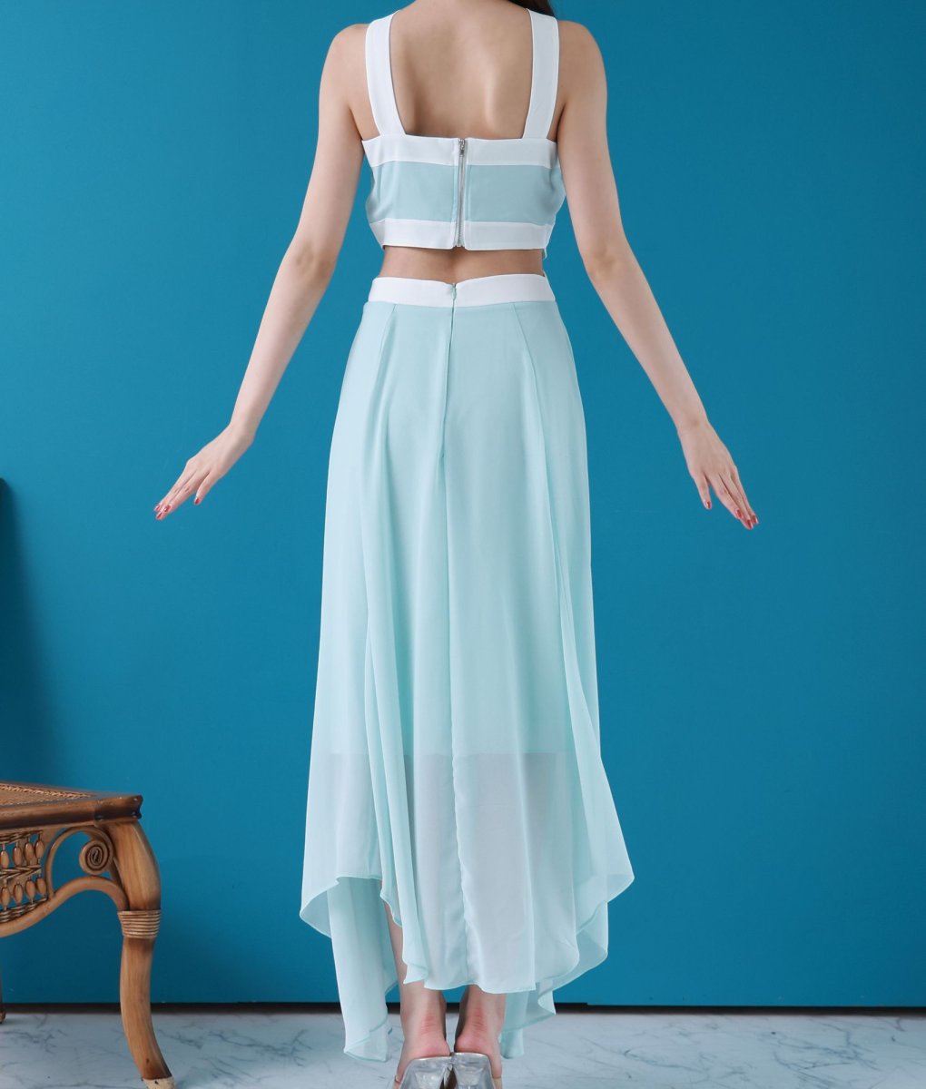 画像9: [韓国製][rinfarre]バイカラー・ホルターネック・シフォン・サイドスリット・ヘムデザイン・ノースリーブ・ロングドレス・ワンピース[MIRIN着用]《送料＆代引き手数料無料》 (9)