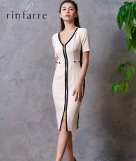 画像1: [韓国製][rinfarre]半袖・フロントファスナー・バイカラー・ベージュ×ブラック・タイト・ミディアムドレス・ワンピース[MIRIN着用][送料無料] (1)