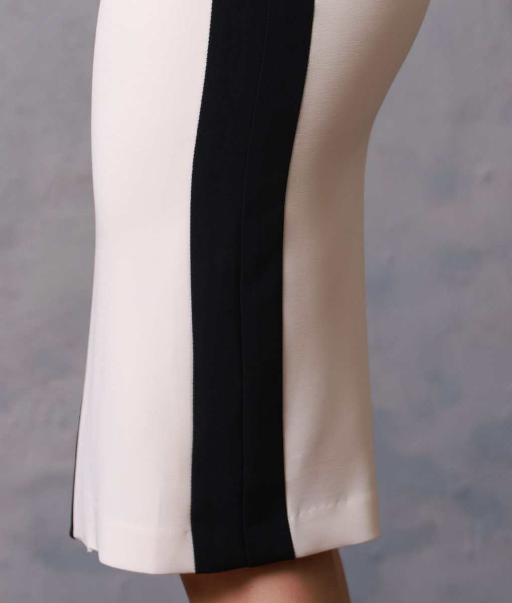 画像11: [韓国製][rinfarre]半袖・フロントファスナー・バイカラー・ベージュ×ブラック・タイト・ミディアムドレス・ワンピース[MIRIN着用][送料無料] (11)