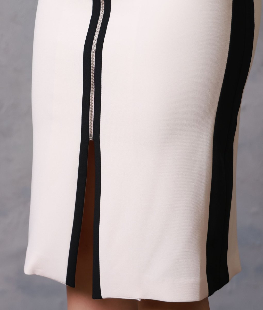 画像12: [韓国製][rinfarre]半袖・フロントファスナー・バイカラー・ベージュ×ブラック・タイト・ミディアムドレス・ワンピース[MIRIN着用][送料無料] (12)