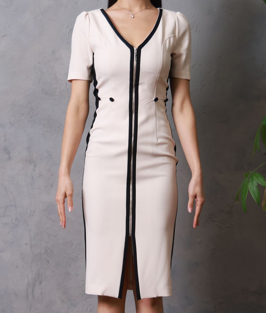 画像6: [韓国製][rinfarre]半袖・フロントファスナー・バイカラー・ベージュ×ブラック・タイト・ミディアムドレス・ワンピース[MIRIN着用][送料無料] (6)