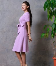 画像2: [SALE品のため返品不可＆再入荷なしの現品限り][韓国製][rinfarre]半袖・ラベンダー・ウエストリボン・シンプル・ワッフル生地・ミディアムドレス・ワンピース[MIRIN着用] (2)
