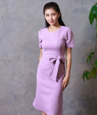 画像4: [SALE品のため返品不可＆再入荷なしの現品限り][韓国製][rinfarre]半袖・ラベンダー・ウエストリボン・シンプル・ワッフル生地・ミディアムドレス・ワンピース[MIRIN着用] (4)