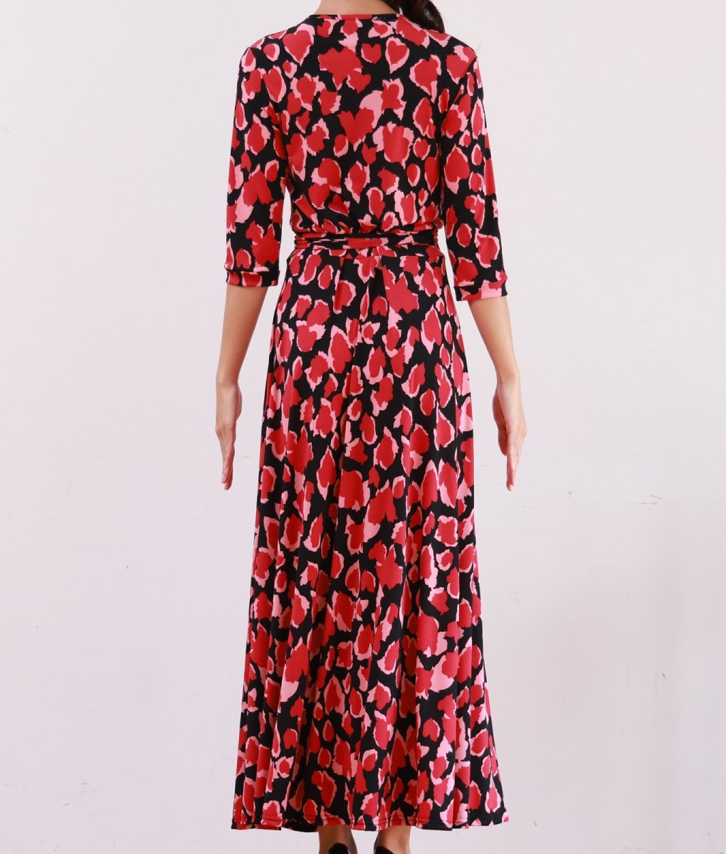 画像8: [韓国製][rinfarre]ブラック・レッド・ヒョウ柄・エスニック・Vネック・カシュクール・七分袖・マキシ・ロングドレス・ラップ・ワンピース[MIRIN着用][送料無料] (8)