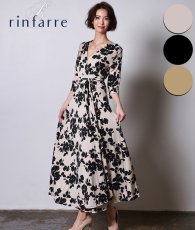 画像1: [韓国製][rinfarre]ブラック・ベージュ・花柄 エレガント・Vネック・カシュクール・七分袖・マキシ・ロングドレス・ラップ・ワンピース[奈月セナ・山崎みどり着用][送料無料]mybkcm (1)