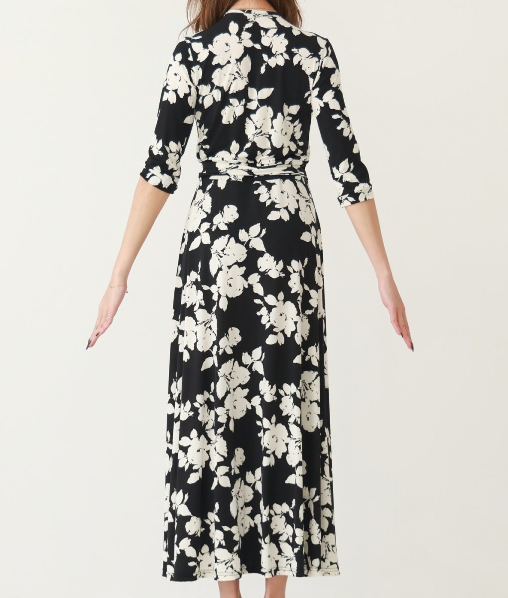 画像11: [韓国製][rinfarre]ブラック・ベージュ・花柄 エレガント・Vネック・カシュクール・七分袖・マキシ・ロングドレス・ラップ・ワンピース[奈月セナ・山崎みどり着用][送料無料]mybkcm (11)