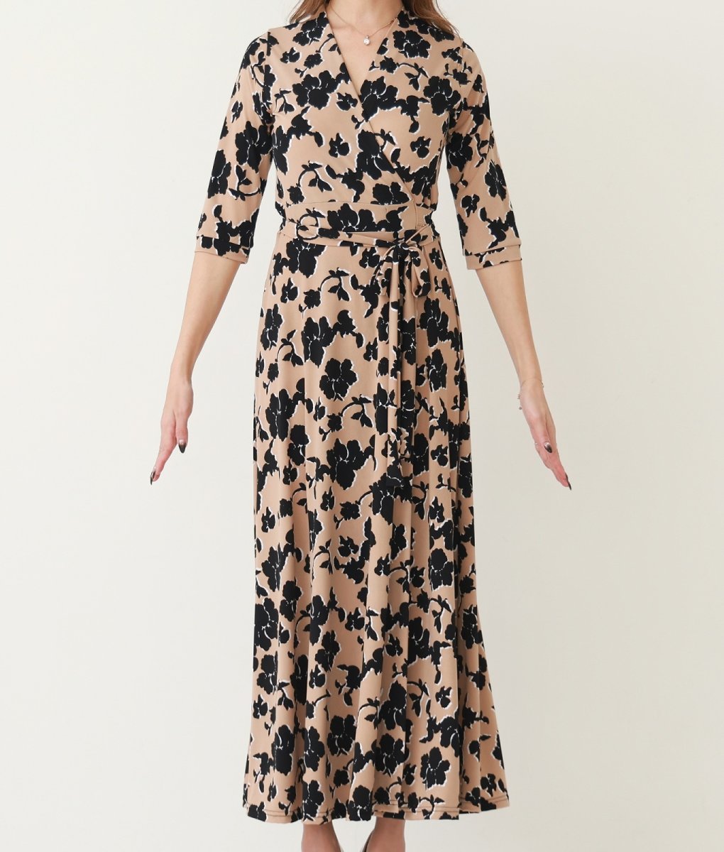 画像9: [韓国製][rinfarre]ブラック・ベージュ・花柄 エレガント・Vネック・カシュクール・七分袖・マキシ・ロングドレス・ラップ・ワンピース[奈月セナ・山崎みどり着用][送料無料]mybkcm (9)
