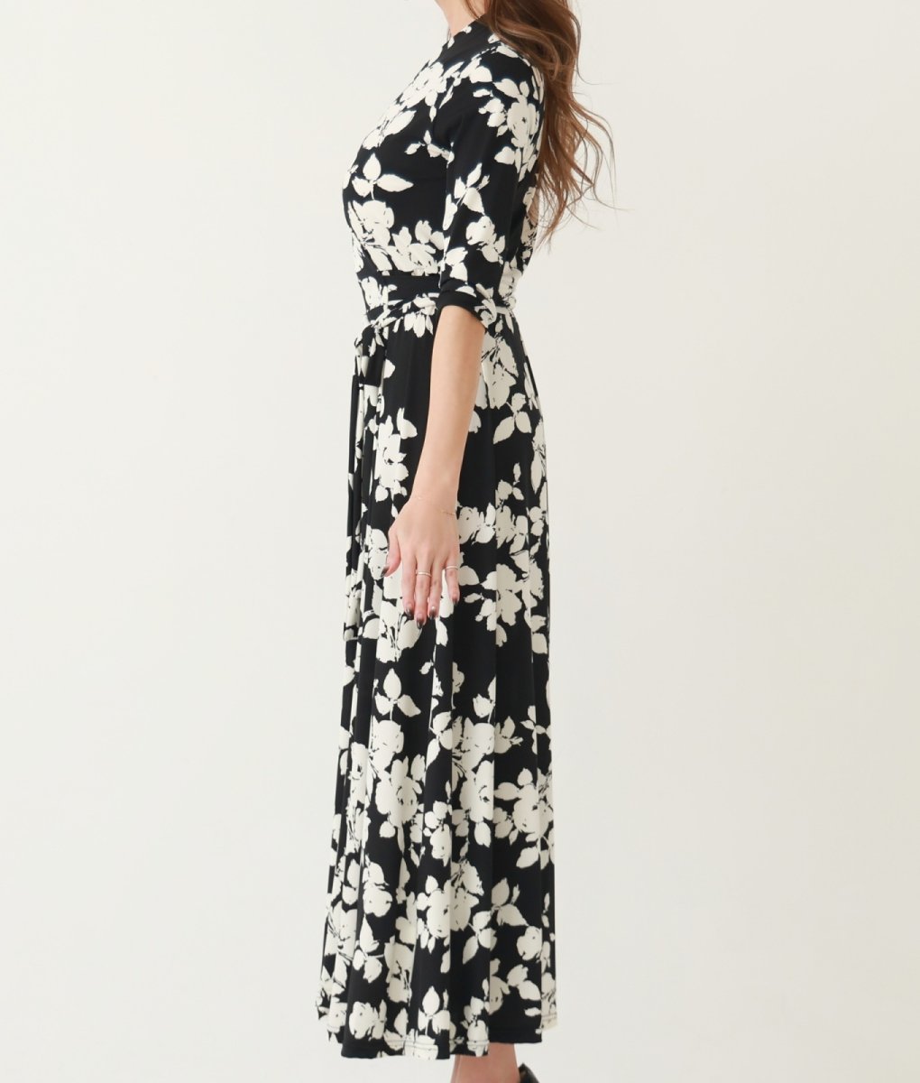 画像10: [韓国製][rinfarre]ブラック・ベージュ・花柄 エレガント・Vネック・カシュクール・七分袖・マキシ・ロングドレス・ラップ・ワンピース[奈月セナ・山崎みどり着用][送料無料]mybkcm (10)