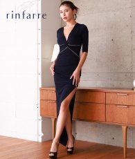 画像1: [SALE品のため返品不可＆再入荷なしの現品限り][韓国製][rinfarre]五分袖・七分袖・シンプル・無地・ストーン・ストレッチ・スリット・タイト・ロングドレス[MIRIN着用] (1)