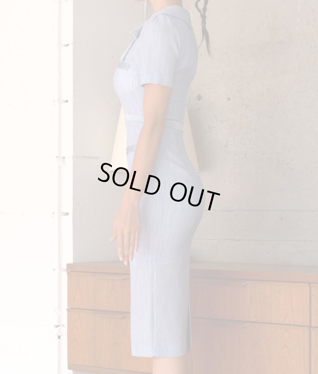 画像7: [SALE品のため返品不可＆再入荷なしの現品限り][韓国製][rinfarre]半袖・開襟・ツイード・ライトブルー・タイト・ミディアムドレス・ワンピース[MIRIN着用] (7)