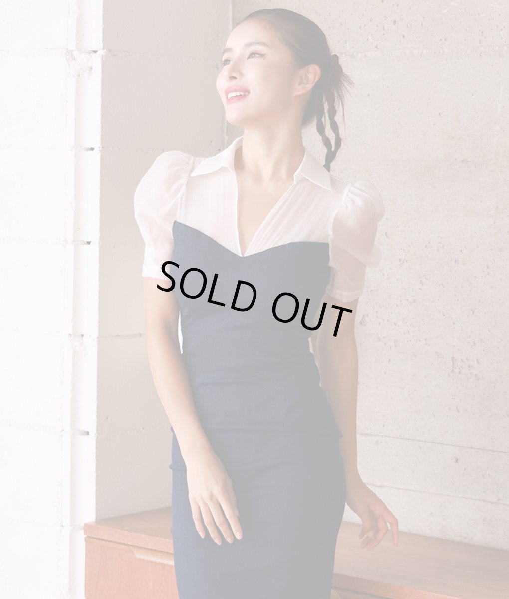 画像4: [韓国製][rinfarre]シンプル・レイヤード風・デニム・半袖・Ｖネック・タイト・ミディアムドレス・ワンピース[MIRIN着用][送料無料] (4)