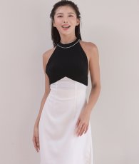 画像7: [韓国製][rinfarre]ハイネック・ホルターネック・バイカラー・ラインビジュー・Aライン・ミディアムドレス・ワンピース[MIRIN着用]《送料＆代引き手数料無料》 (7)