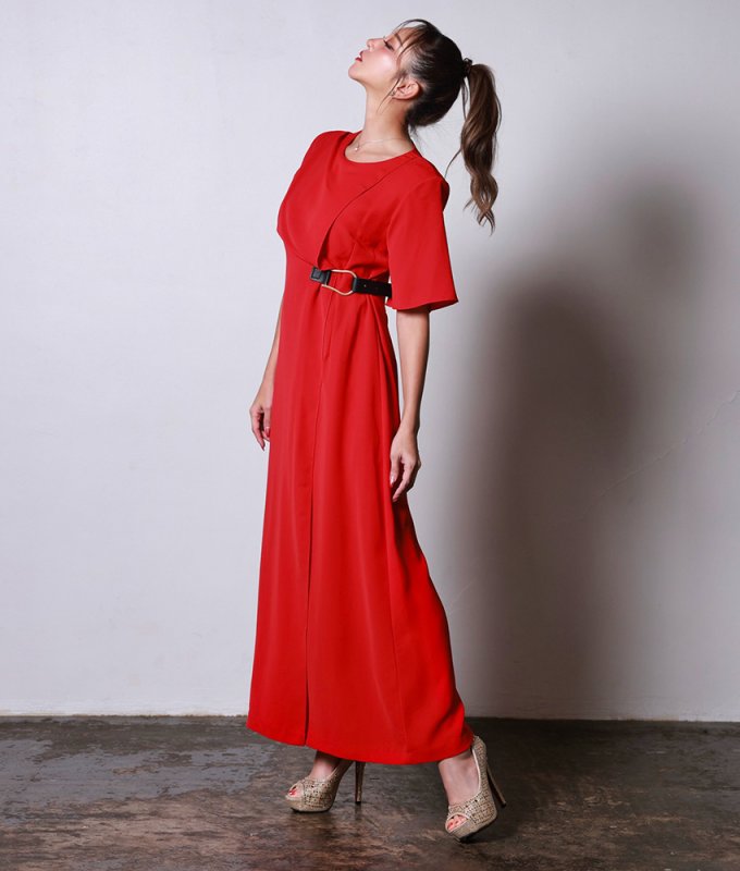 半袖レッドベルトポイントロングマキシドレス/rinfarre - カラー