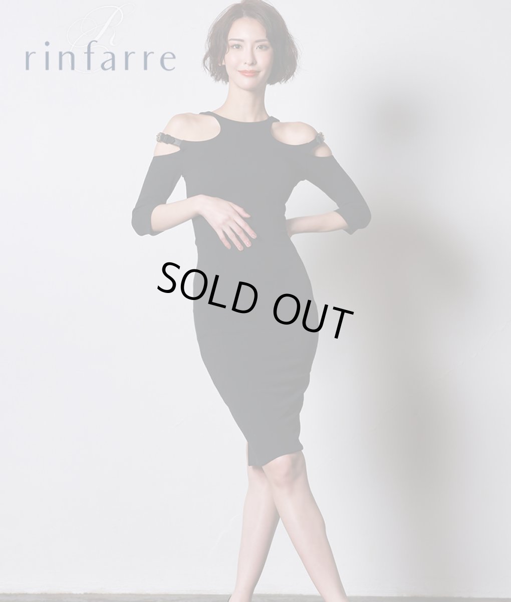 画像1: [セール品のため返品不可＆再入荷なしの現品限り][韓国製][rinfarre]ブラック・七分袖・タイト・肩ベルトポイント・ストレッチ・クール・ミディアムドレス・ワンピース[奈月セナ着用][送料無料] (1)