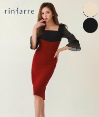 画像1: [韓国製][rinfarre]バイカラー・肩リボン・シフォンスリーブ・サテン・七分袖・スクエアネック タイト・ミディアムドレス・ワンピース[奈月セナ・山崎みどり着用][送料無料]mybkrd (1)