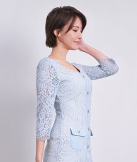 画像4: [韓国製][rinfarre]七分袖・総レース・飾りボタン・ポケット・膝丈・スカイブルー・タイト・ミディアムドレス・ワンピース[奈月セナ着用][送料無料] (4)
