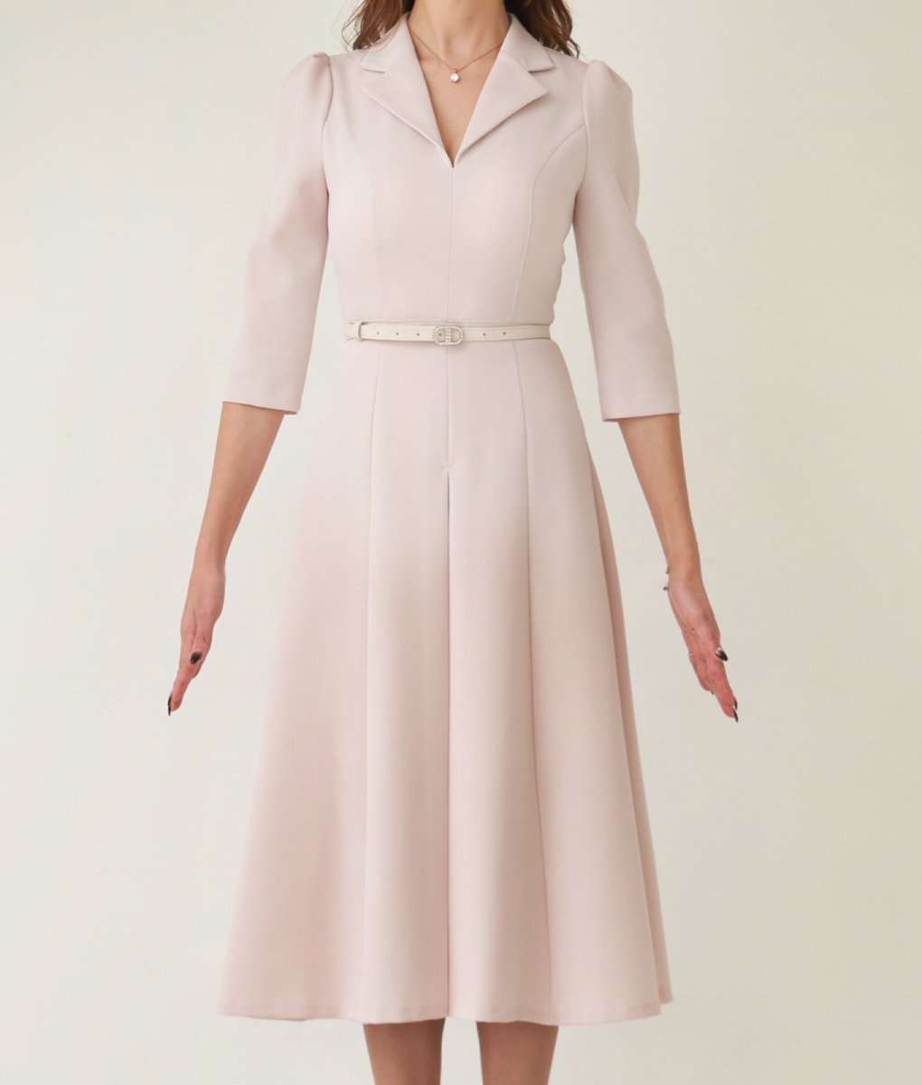 画像9: [韓国製][rinfarre]Aライン・七分袖・ベルト付き・開襟・プリーツ・シンプル・ミディアム・ひざ下・ワンピース・ドレス[奈月セナ・山崎みどり着用]《送料＆代引き手数料無料》mypju (9)