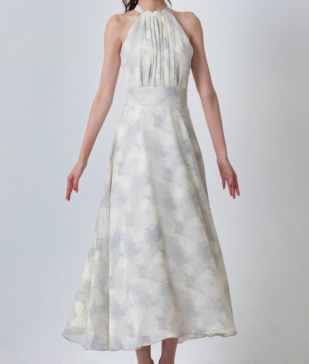 画像6: [韓国製][rinfarre]グレー・ホルターネック・ニュアンス柄・胸元プリーツ・シフォン・Aライン・ノースリーブ・ロングドレス・ワンピース[[黒木麗奈着用]][送料無料] (6)