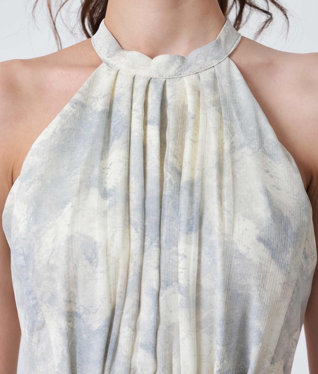 画像9: [韓国製][rinfarre]グレー・ホルターネック・ニュアンス柄・胸元プリーツ・シフォン・Aライン・ノースリーブ・ロングドレス・ワンピース[[黒木麗奈着用]][送料無料] (9)