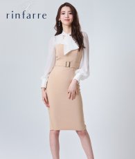 画像1: [韓国製][rinfarre]長袖・リボンタイ・ホワイト×ベージュ・ブラウス・シースルー・シフォン・シンプル・タイト・ミディアムドレス[黒木麗奈着用][送料無料] (1)