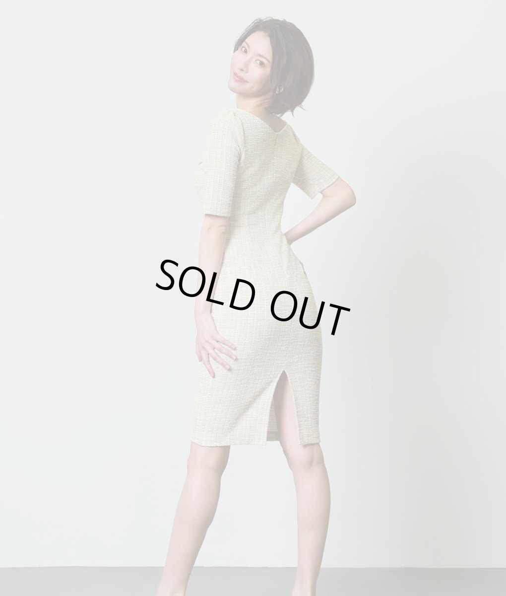 画像3: [SALE品のため返品不可＆再入荷なしの現品限り][韓国製][rinfarre]グリーン・ライトツイード・胸元リボン・五分袖・タイト・ミディアムドレス・ワンピース[奈月セナ着用] (3)