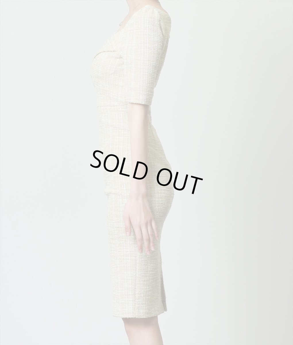 画像7: [SALE品のため返品不可＆再入荷なしの現品限り][韓国製][rinfarre]グリーン・ライトツイード・胸元リボン・五分袖・タイト・ミディアムドレス・ワンピース[奈月セナ着用] (7)