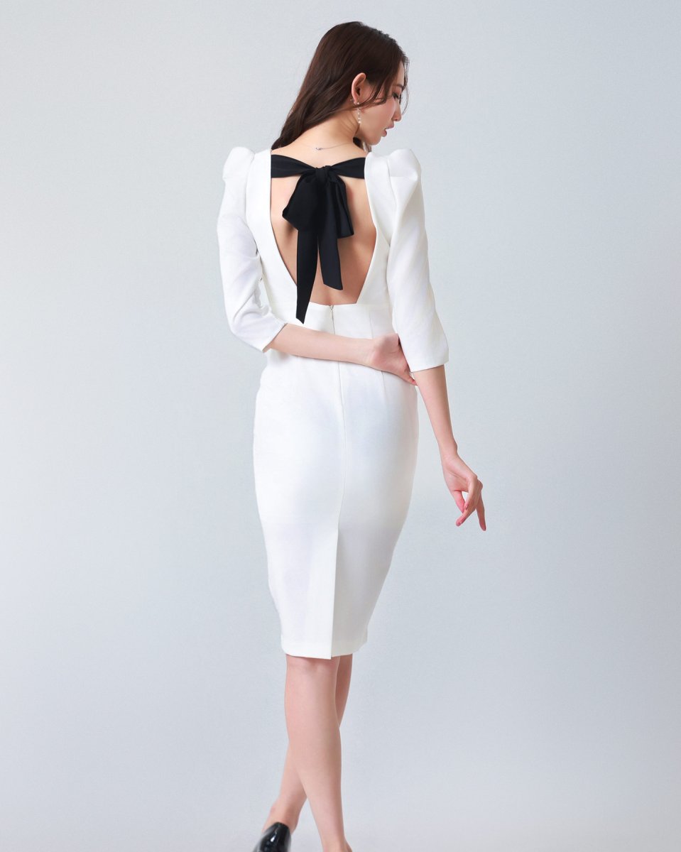 画像3: [韓国製][rinfarre]リボン・ 七分袖・ スクエアネック・ ハイウエスト・ シンプル・ タイト・ ミディアムドレス・ワンピース[黒木麗奈着用][送料無料] (3)