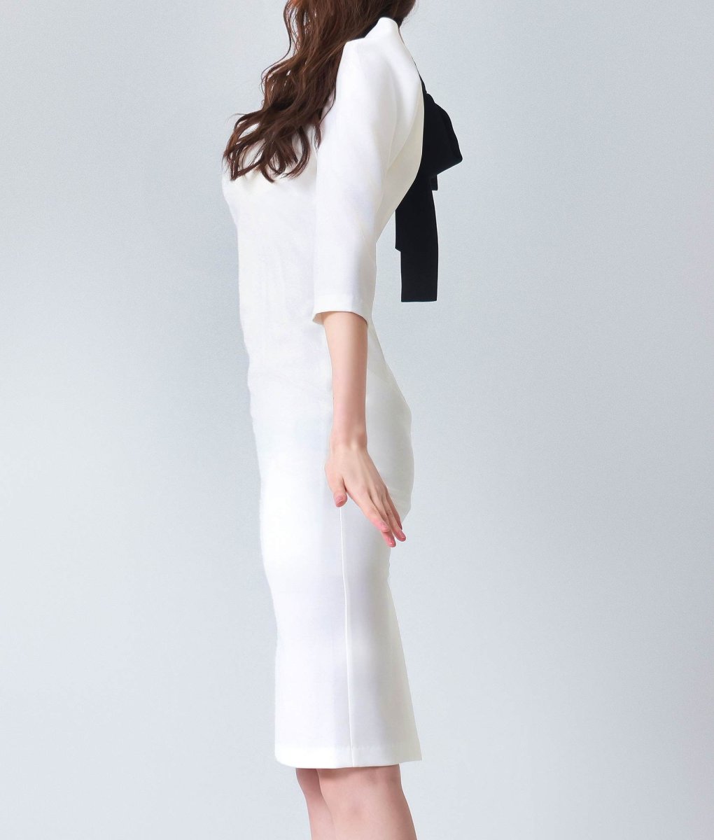 画像7: [韓国製][rinfarre]リボン・ 七分袖・ スクエアネック・ ハイウエスト・ シンプル・ タイト・ ミディアムドレス・ワンピース[黒木麗奈着用][送料無料] (7)