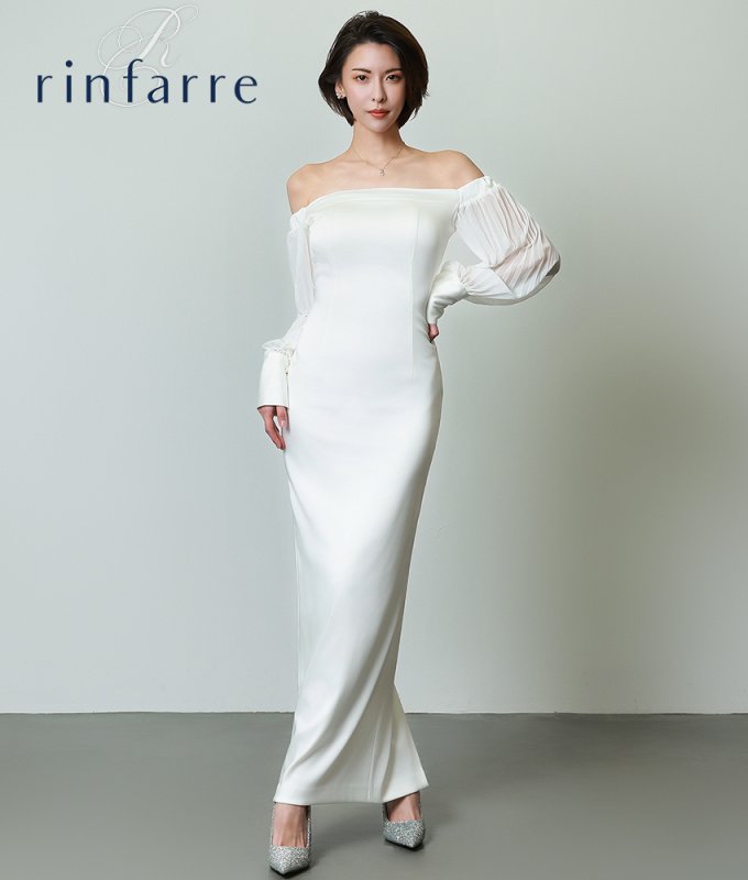 rinfarre ホワイト タイトドレス 韓国製][韓国製][rinfarre]ホワイト・長袖・オフショルダー・スリット