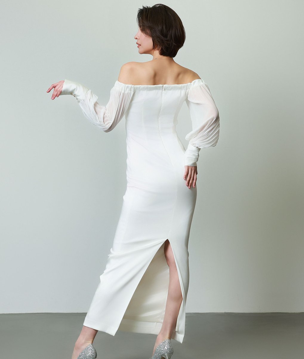 画像3: [韓国製][韓国製][rinfarre]ホワイト・長袖・オフショルダー・スリット・シンプル・サテン・タイト・ロングドレス・ワンピース[奈月セナ着用][送料無料] (3)