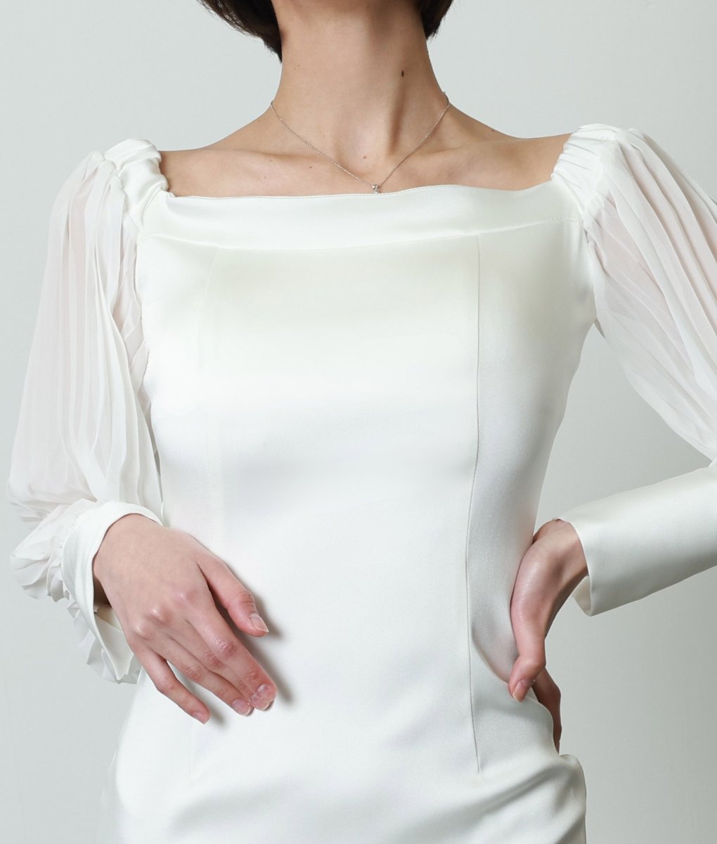 画像9: [韓国製][韓国製][rinfarre]ホワイト・長袖・オフショルダー・スリット・シンプル・サテン・タイト・ロングドレス・ワンピース[奈月セナ着用][送料無料] (9)
