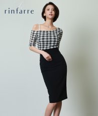 画像1: [韓国製][rinfarre]五分袖・ワンショルダー・ギンガムチェック・ブラック×ホワイト・レース・膝丈・タイト・ミディアムドレス・ワンピース[奈月セナ着用][送料無料] (1)