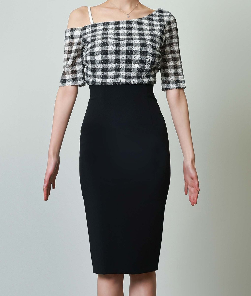 画像6: [韓国製][rinfarre]五分袖・ワンショルダー・ギンガムチェック・ブラック×ホワイト・レース・膝丈・タイト・ミディアムドレス・ワンピース[奈月セナ着用][送料無料] (6)