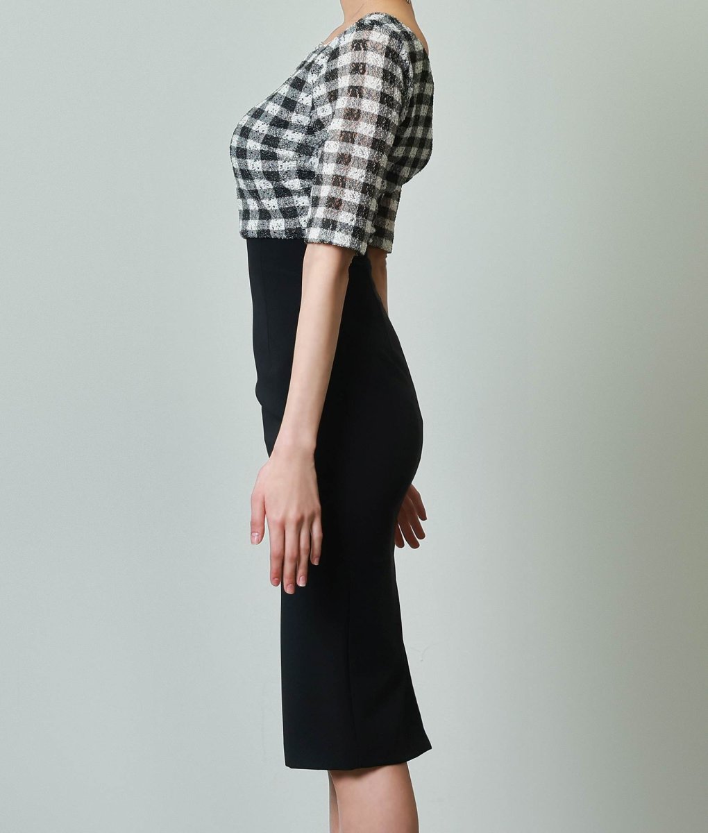 画像7: [韓国製][rinfarre]五分袖・ワンショルダー・ギンガムチェック・ブラック×ホワイト・レース・膝丈・タイト・ミディアムドレス・ワンピース[奈月セナ着用][送料無料] (7)