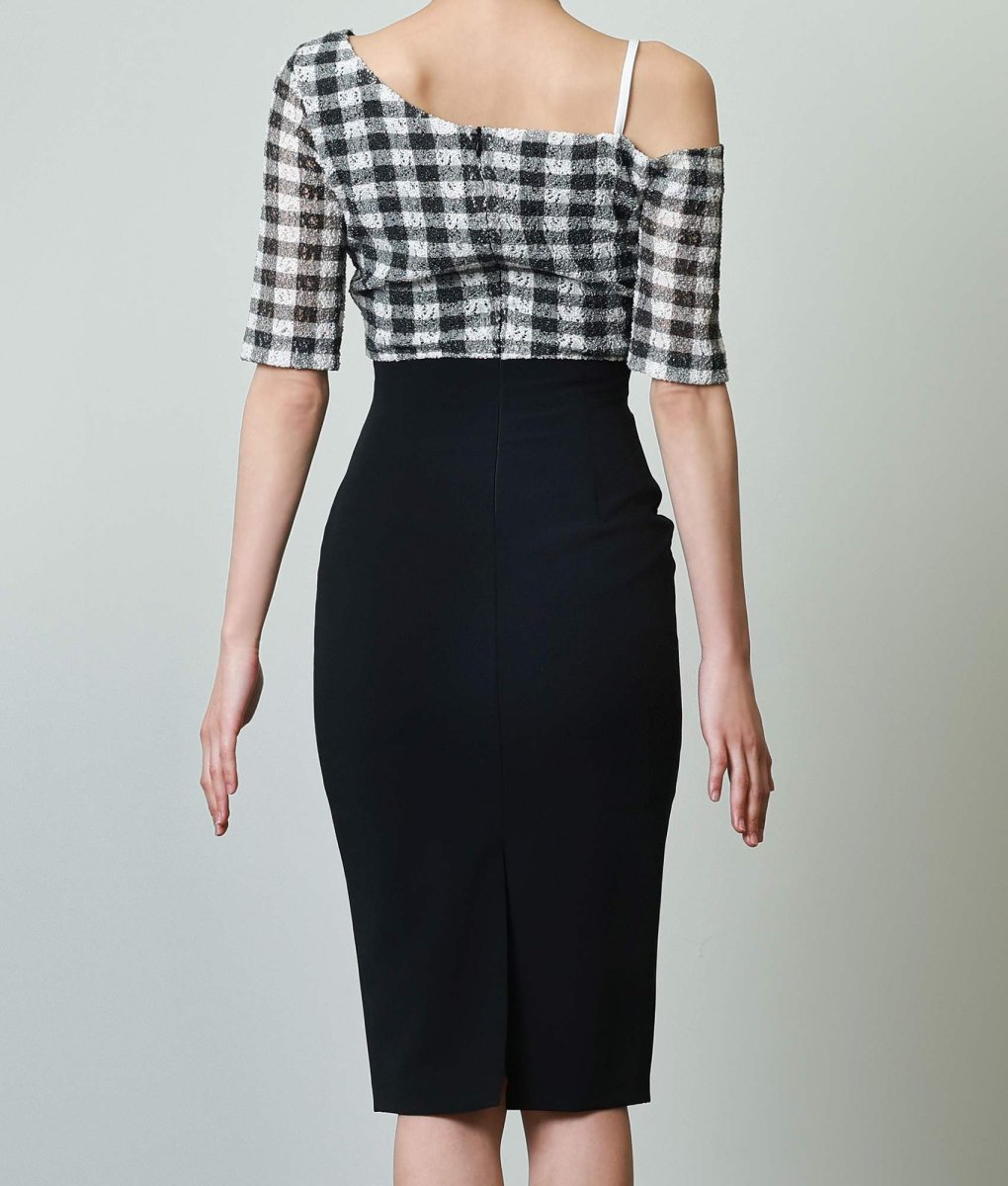 画像8: [韓国製][rinfarre]五分袖・ワンショルダー・ギンガムチェック・ブラック×ホワイト・レース・膝丈・タイト・ミディアムドレス・ワンピース[奈月セナ着用][送料無料] (8)