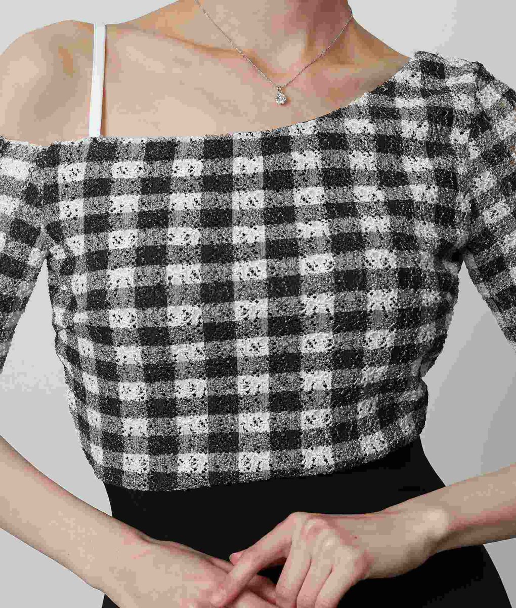 画像9: [韓国製][rinfarre]五分袖・ワンショルダー・ギンガムチェック・ブラック×ホワイト・レース・膝丈・タイト・ミディアムドレス・ワンピース[奈月セナ着用][送料無料] (9)